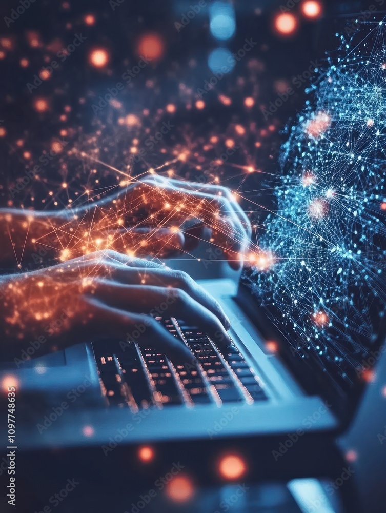 Poster hands using laptop on desktop with abstract 5g network hologram. internet and web speed concept. mul