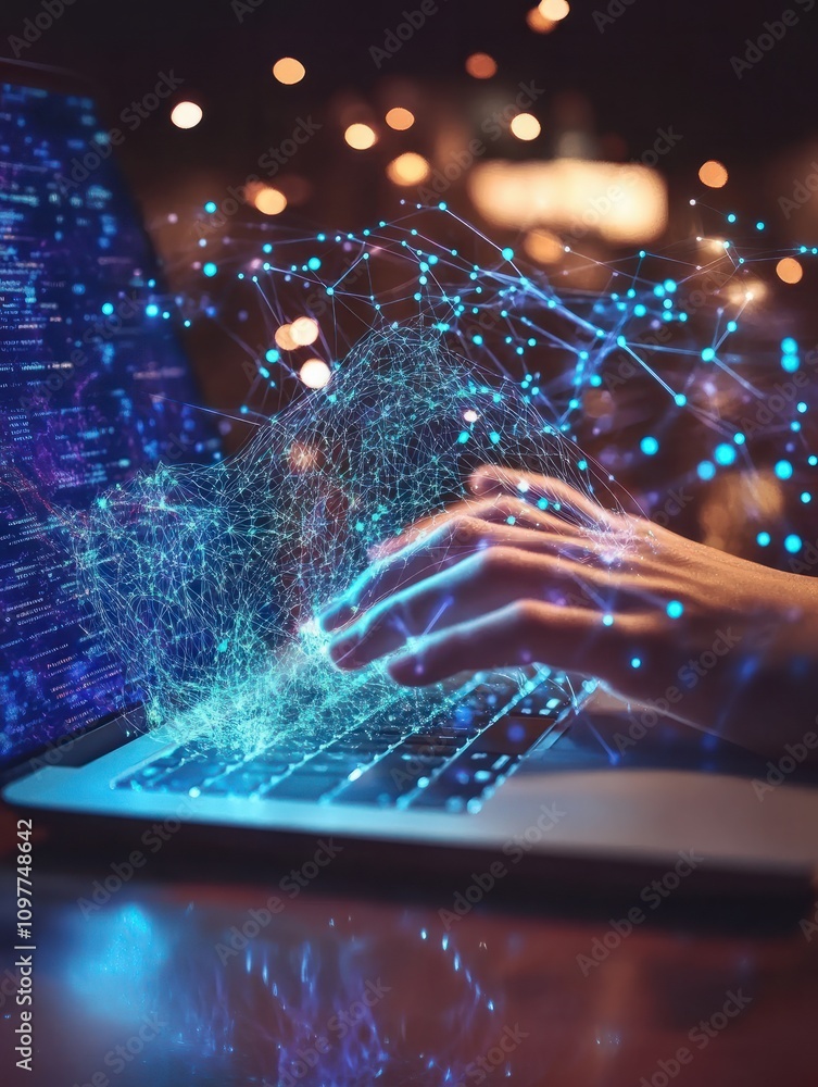Poster hands using laptop on desktop with abstract 5g network hologram. internet and web speed concept. mul