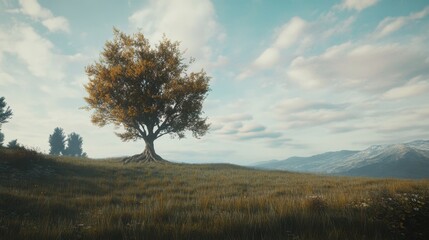 Obraz premium A serene landscape featuring a solitary tree under a vast sky, surrounded by rolling hills and distant mountains, evoking tranquility and natural beauty.