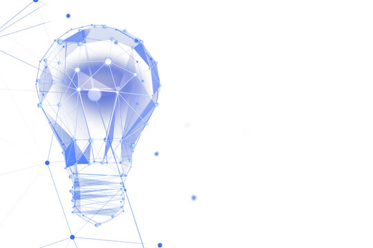 Abstract digital lightbulb with blue interconnected polygonal lines and dots, white background. Concept of technology, innovation, ideas. 3D Rendering.