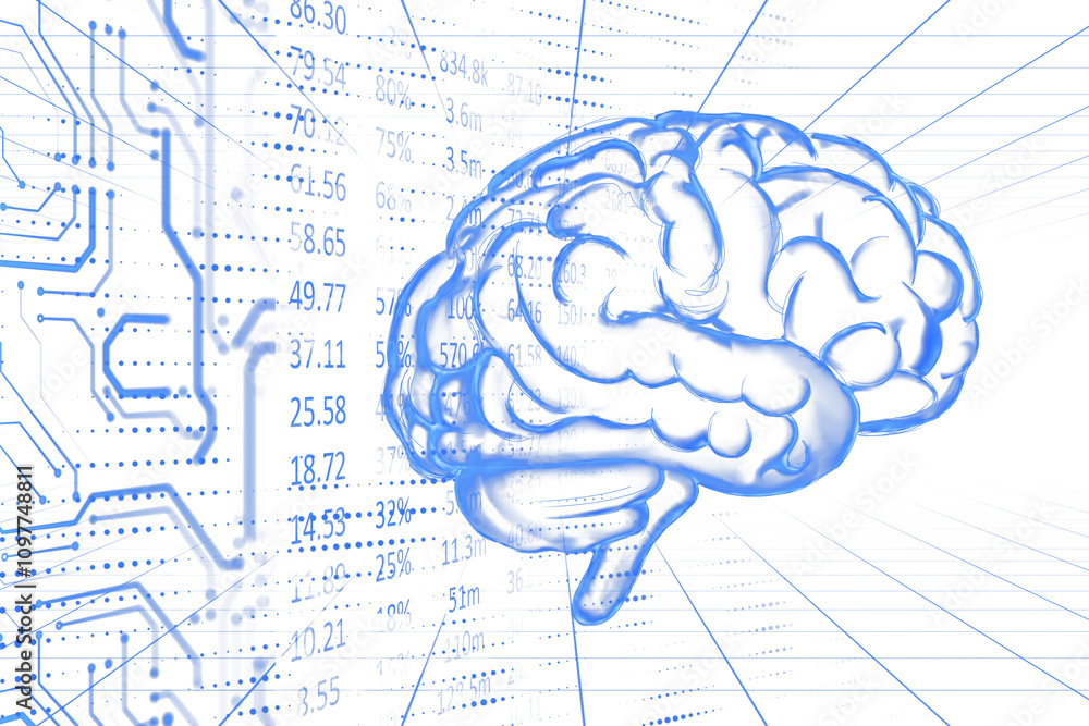 Aufkleber Digital brain illustration with glowing blue lines, surrounded by circuitry and data graphics on a white background. Concept of technology. 3D Rendering.