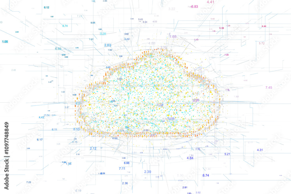 Poster Digital cloud with scattered data points and holographic elements, white background, modern tech design concept in cyberspace layout. 3D Rendering.