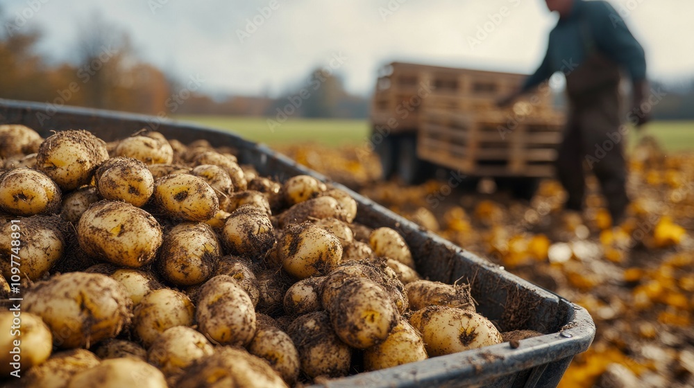 Poster A man is working in a field with a large pile of potatoes