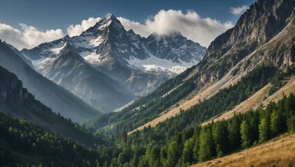 Obraz premium Majestic snow-capped mountain peaks with lush green valley