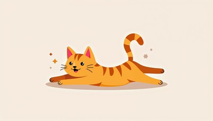 Obraz premium Cute cartoon orange cat stretching on beige background