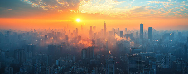 stunning city skyline at sunrise, enveloped in morning haze, showcasing towering buildings and vibrant sky. scene evokes sense of tranquility and awe