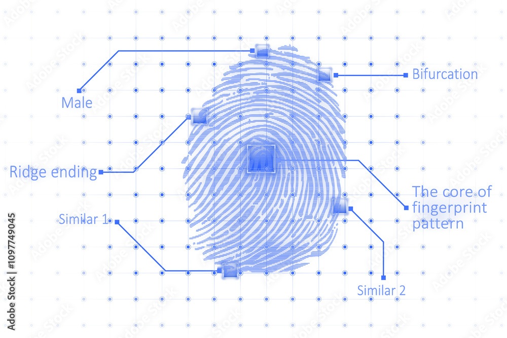 Poster transparent digital fingerprint illustration with blue holographic elements, white grid background, 