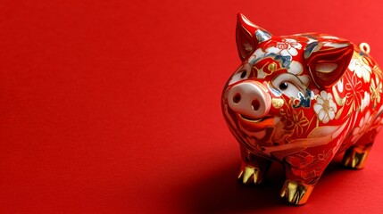 Obraz premium golden pig, solid red background, copy space