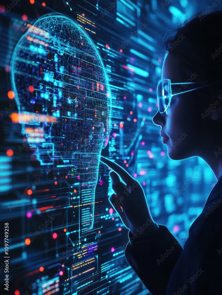 Poster human resources hologram on creative glowing programming backdrop. software and hr concept. 3d rende