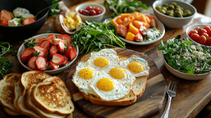 delicious breakfast spread featuring eggs, toast, and fresh fruit. Enjoy vibrant assortment of salads, tomatoes, and strawberries, perfect for healthy start to day