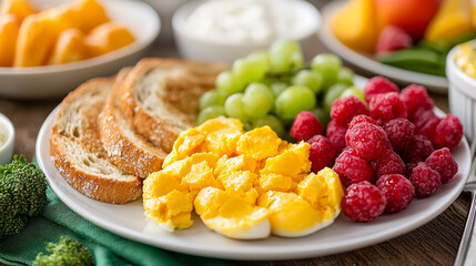 colorful breakfast spread featuring eggs, toast, and fresh fruit like grapes and raspberries, perfect for healthy start to day