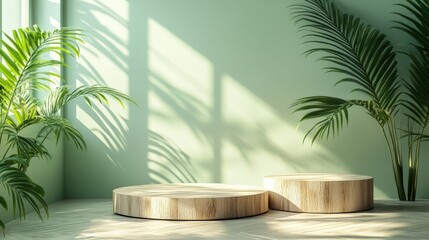 Fototapeta premium Realistic 3D Round Podium on Wooden Floor with Green Background and Plants Illuminated by Natural Light for Modern Display and Showcase Purposes