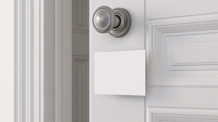A door knob with a blank label hanging on it, ready for custom text. Perfect for a �Do Not Disturb� sign in a hotel room.