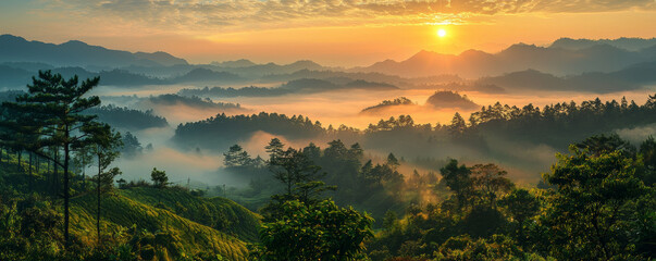 Obraz premium breathtaking sunrise over misty countryside landscape, showcasing rolling hills and lush greenery. warm sunlight casts golden hue, creating serene and tranquil atmosphere