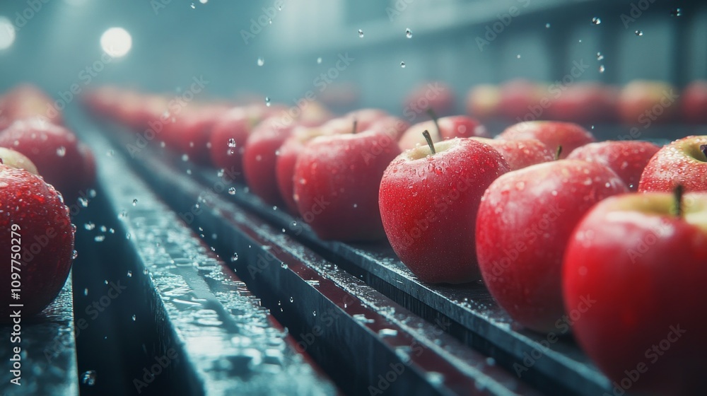 Poster a row of red apples are being washed in a line