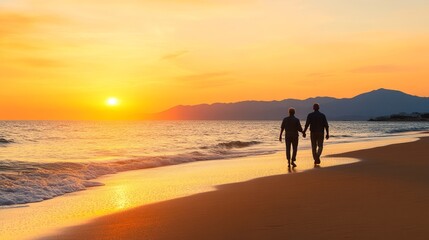 Romantic Sunset Beach Walk Retirement Love Golden Hour