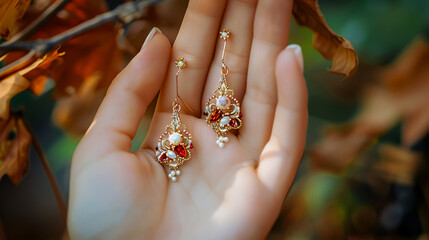 A close-up of bridal hands holding earrings, showcasing beautiful wedding accessories for an autumn celebration.