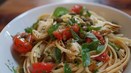Pasta with tomato basil artichoke hearts and capers