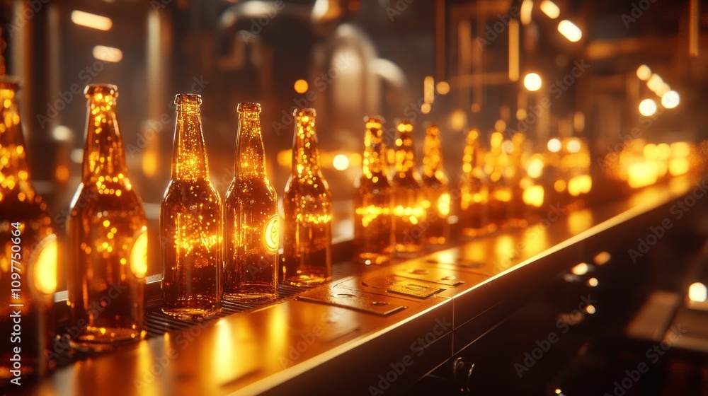 Poster a row of beer bottles on a counter with a warm, inviting glow