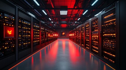 Obraz premium Red Lit Server Room Cryptocurrency Mining Data Center Technology