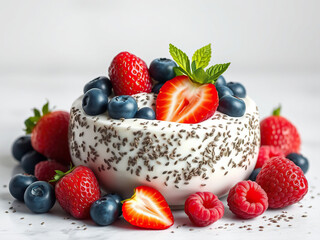 A delicious yogurt dish topped with chia seeds and an assortment of fresh berries, edible flowers, healthy fats, culinary artistry