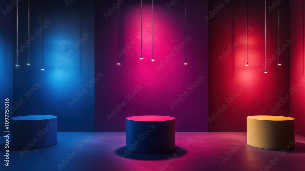 Poster vibrant abstract setting with floating cylinders in yellow, dark blue, and red against a gradient ba