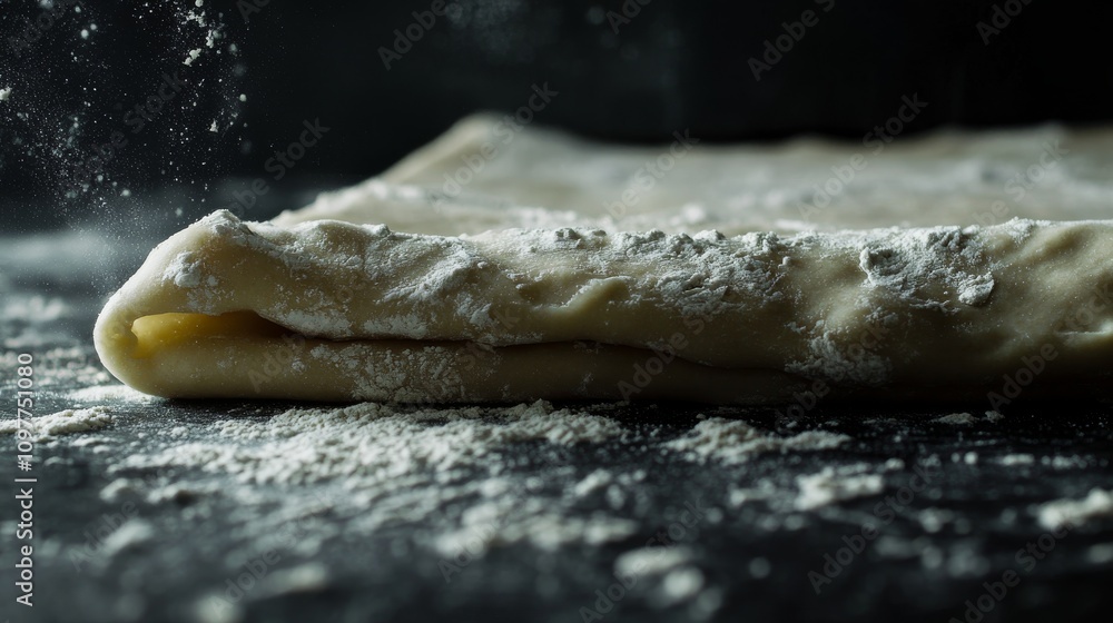 Poster a close-up shot of folded dough dusted with flour, resting on a dark surface. the texture of the dou