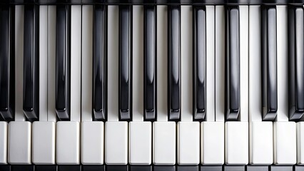 Naklejka premium Aerial Black and White Piano Keys Flat Lay - Top View of Musical Instrument, Elegant Design, Monochrome Aesthetic, Perfect for Music Enthusiasts, Art Pieces, and Creative Projects