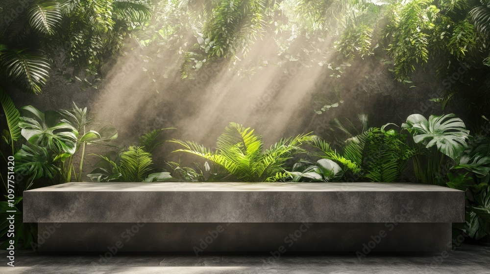 Poster simple podium display with lush plants creating an atmospheric setting illuminated by soft rays of s