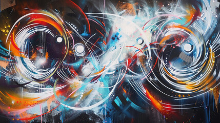 An abstract spray painting capturing the energy and excitement of a music festival, with pulsating beats and swirling lights depicted in bold, dynamic strokes that convey