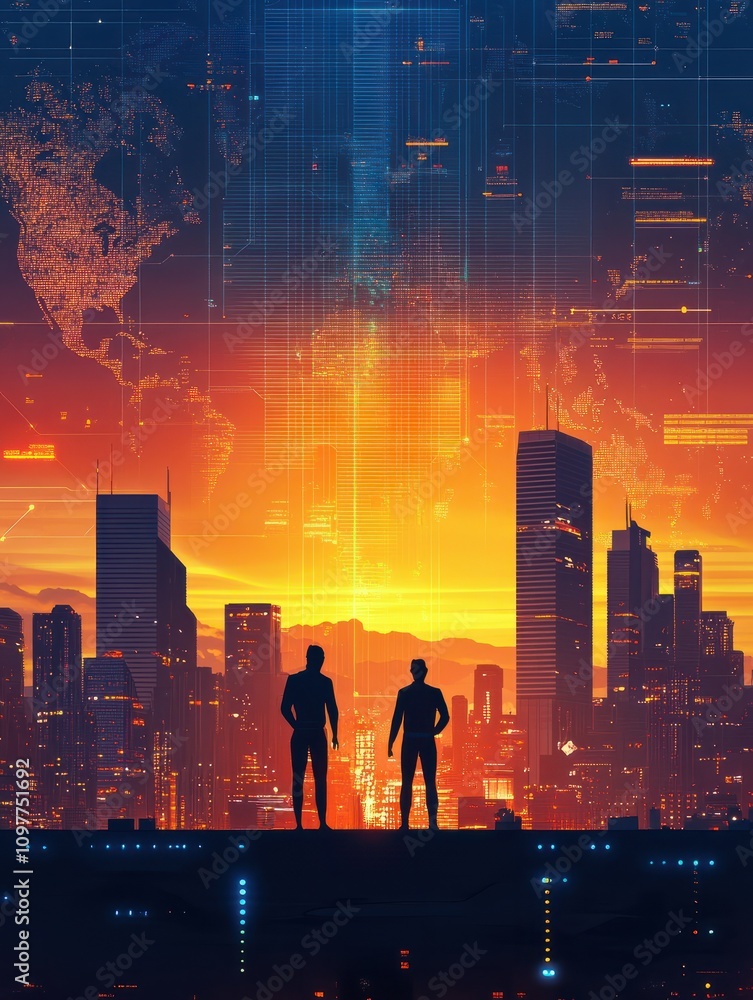 Poster people data folder information futuristic icon network communication concept world map interface ove