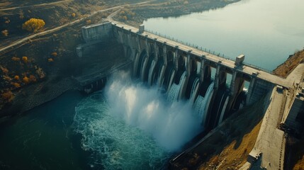 Aerial View of Large Hydroelectric Dam with Flowing Water