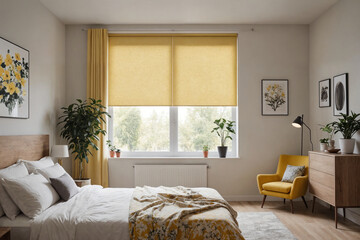 Yellow blackout roller blind with pattern prints on windows in stylish modern living room. Shutters on the plastic window.