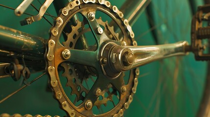 Pedal crank front sprockets and derailleur shot on a green background in the studio