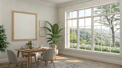 View of light wall with empty white frame in interior of eco-dining room in house, wooden table with chairs, 3D rendering,