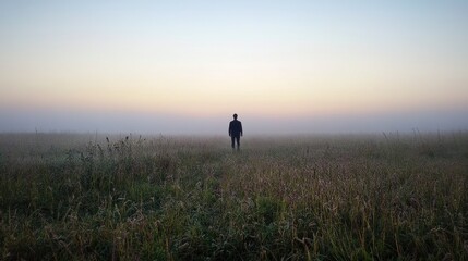 Fototapeta premium A solitary figure stands in a misty field at dawn, surrounded by tall grass and a serene, colorful sky.