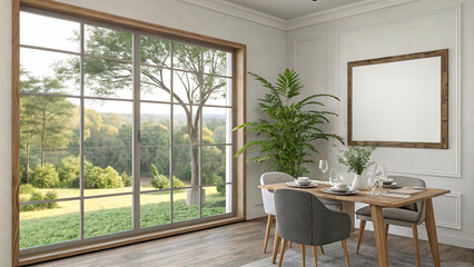 Fototapeta premium View of light wall with empty white frame in interior of eco-dining room in house, wooden table with chairs, 3D rendering,