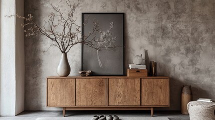 A stylish mid-century modern wooden sideboard sits against a textured wall, adorned with a vase of dried branches and framed botanical print.  Neutral tones create a calm and sophisticated atmosphere.