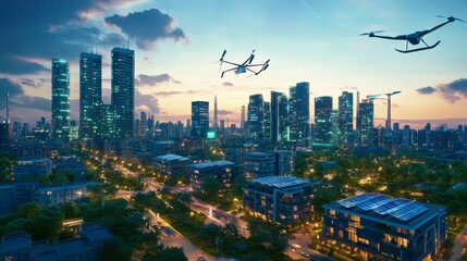 A vibrant cityscape in the year 2100 with advanced skyscrapers, flying vehicles, greenery, and clean energy sources like solar panels and wind turbines, under a clear night sky.