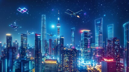 Fototapeta premium A vibrant cityscape in the year 2100 with advanced skyscrapers, flying vehicles, greenery, and clean energy sources like solar panels and wind turbines, under a clear night sky.