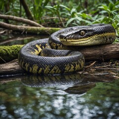 Obraz premium An anaconda coiled around a tree branch near a tranquil forest pool.