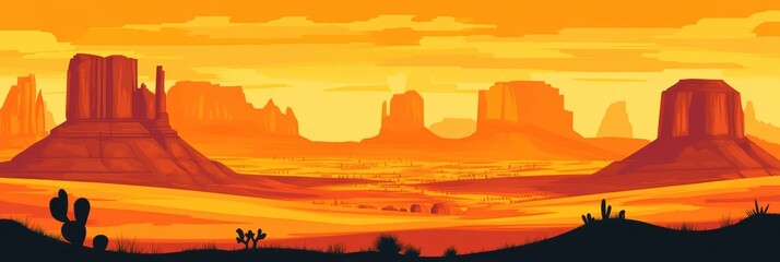 美しい夕焼けに染まる壮大な砂漠の風景と岩山群