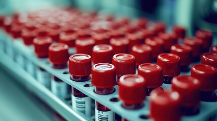 Blood samples arranged in laboratory rack for testing science lab close-up