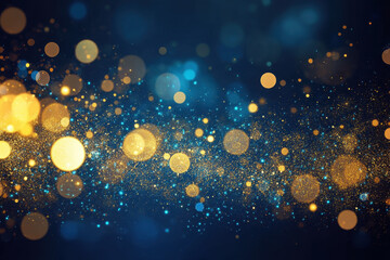 Obraz premium An abstract background featuring dark blue and gold particles. Christmas-themed golden light shines through bokeh particles on a navy blue backdrop, complemented by a gold foil texture