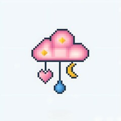 Fototapeta premium cute cartoon pink cloud with a series of hanging decorations. cloud, pink heart, yellow star, a blue crescent moon, and a blue teardrop-shaped .