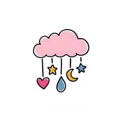 Obraz premium cute cartoon pink cloud with a series of hanging decorations. cloud, pink heart, yellow star, a blue crescent moon, and a blue teardrop-shaped .