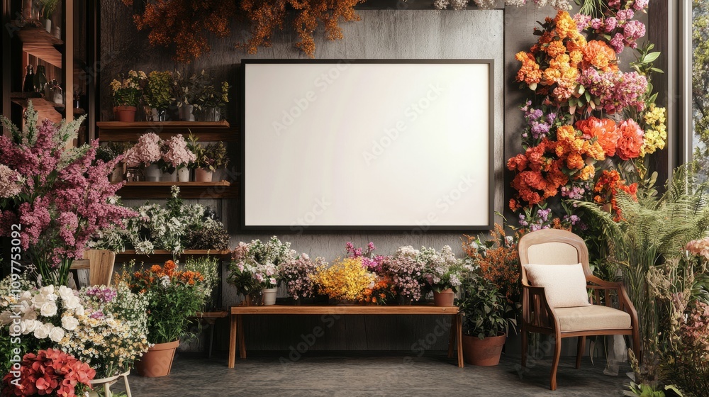 Poster a blank lightbox mockup positioned above a stylish display shelf in a flower shop, filled with seaso