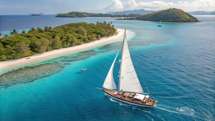 Obraz premium sailing yacht with white sails off the coast of an uninhabited island, white sandy beach surrounded by an island with rocks,