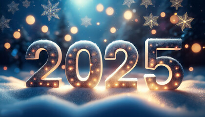 2025 is represented in bold golden numerals against a black background with shimme