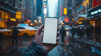 Close-up of a hand holding a smartphone white screen is blank the background is blurred.Mockup.